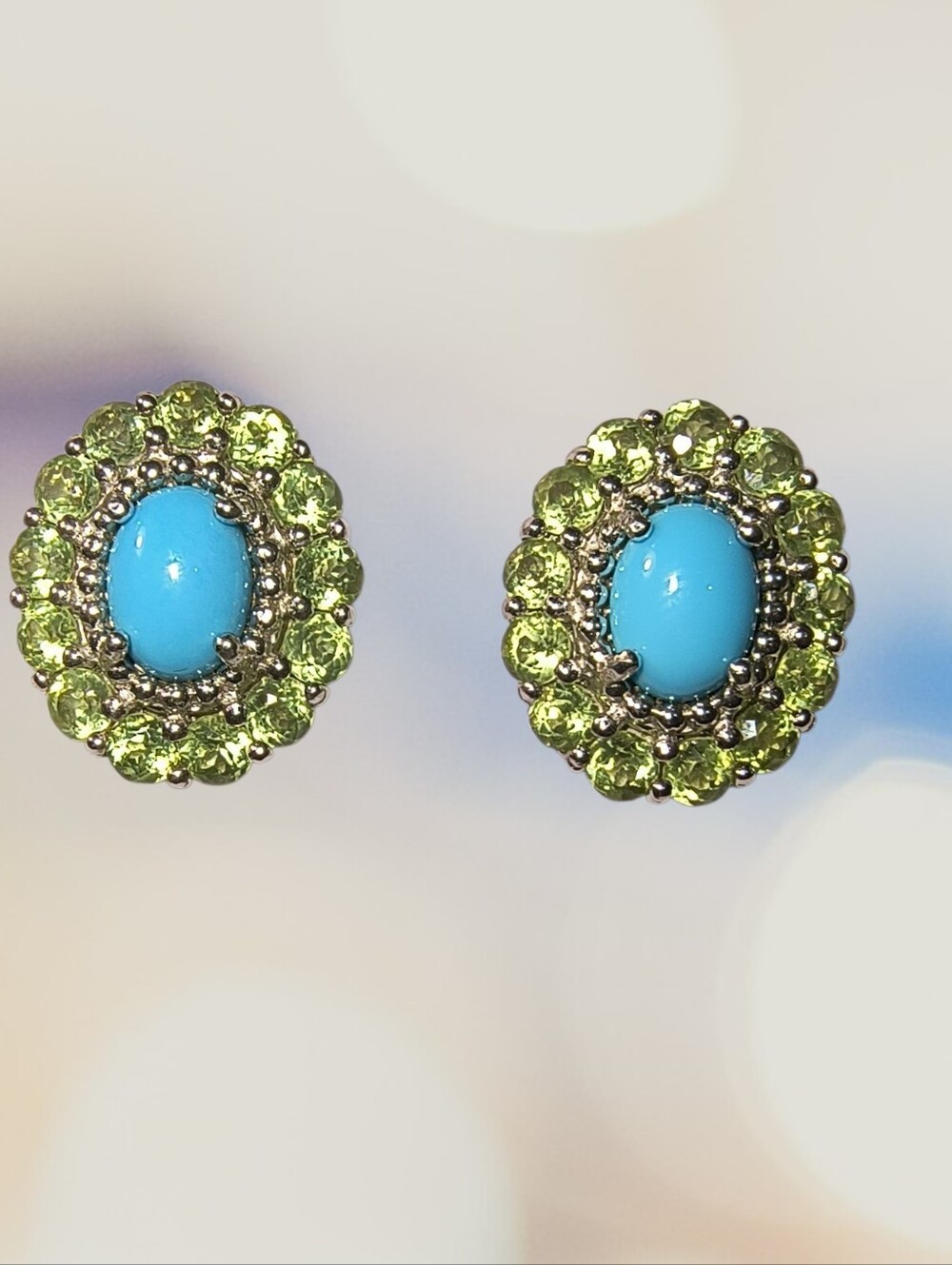 Sleeping Beauty Turquoise & Peridot Halo Post Earrings - Brand New